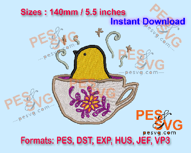 Little Chick Inside Tea Cup Machine Embroidery Digital Design