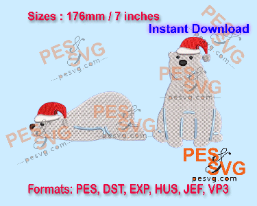 Polar Bears Wearing Santa Hat Machine Embroidery Digital Design