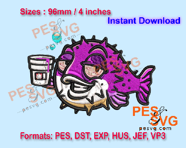 PufferFish holding Coffee Cup Machine Embroidery Digital Design