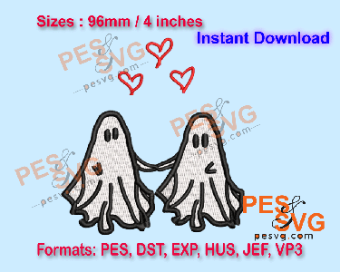Ghost Couple with Hearts | Spooky Season Machine Embroidery Digital Design