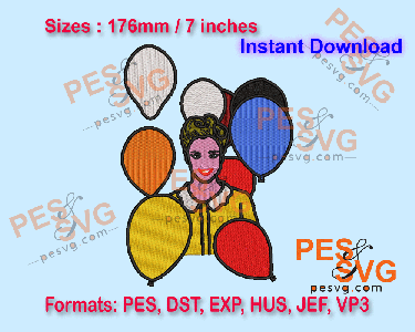 Lady with Balloons Machine Embroidery Digital Design