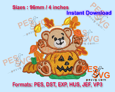 Teddy with Halloween Pumpkin Machine Embroidery Digital Design