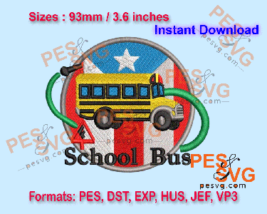 School Bus with Flag Machine Embroidery Digital Design
